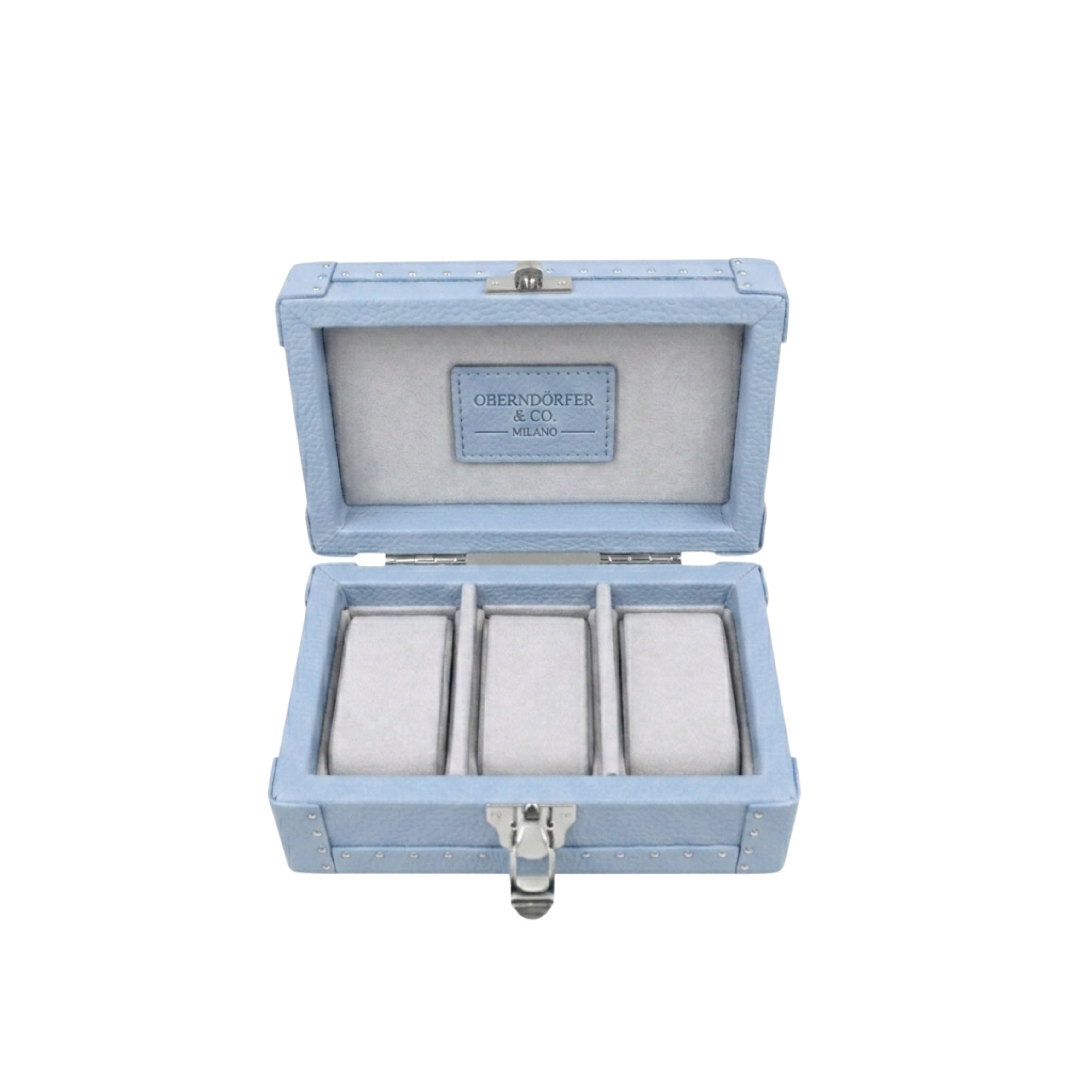 Open sky blue Italian leather watch box showing Alcantara-lined interior with 3 watch cushions