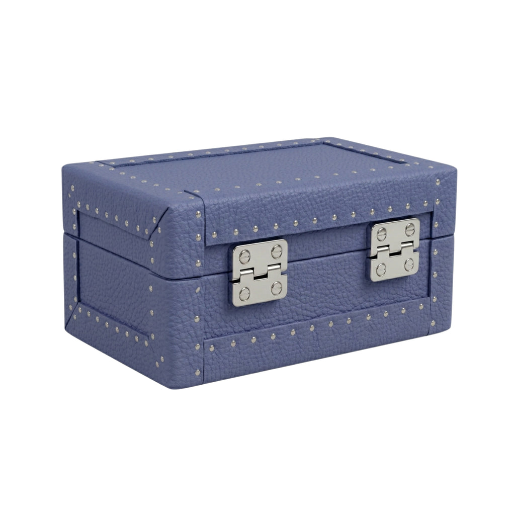 Silver-tone metal detail on back of blue leather 3-watch box -Oberndörfer luxury watch storage