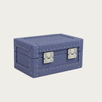 Silver-tone metal detail on back of blue leather 3-watch box -Oberndörfer luxury watch storage