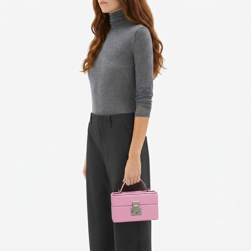 A woman wearing a gray ribbed turtleneck sweater and black trousers holds a small pink top-handle handbag with a silver clasp against a plain light gray studio background.
