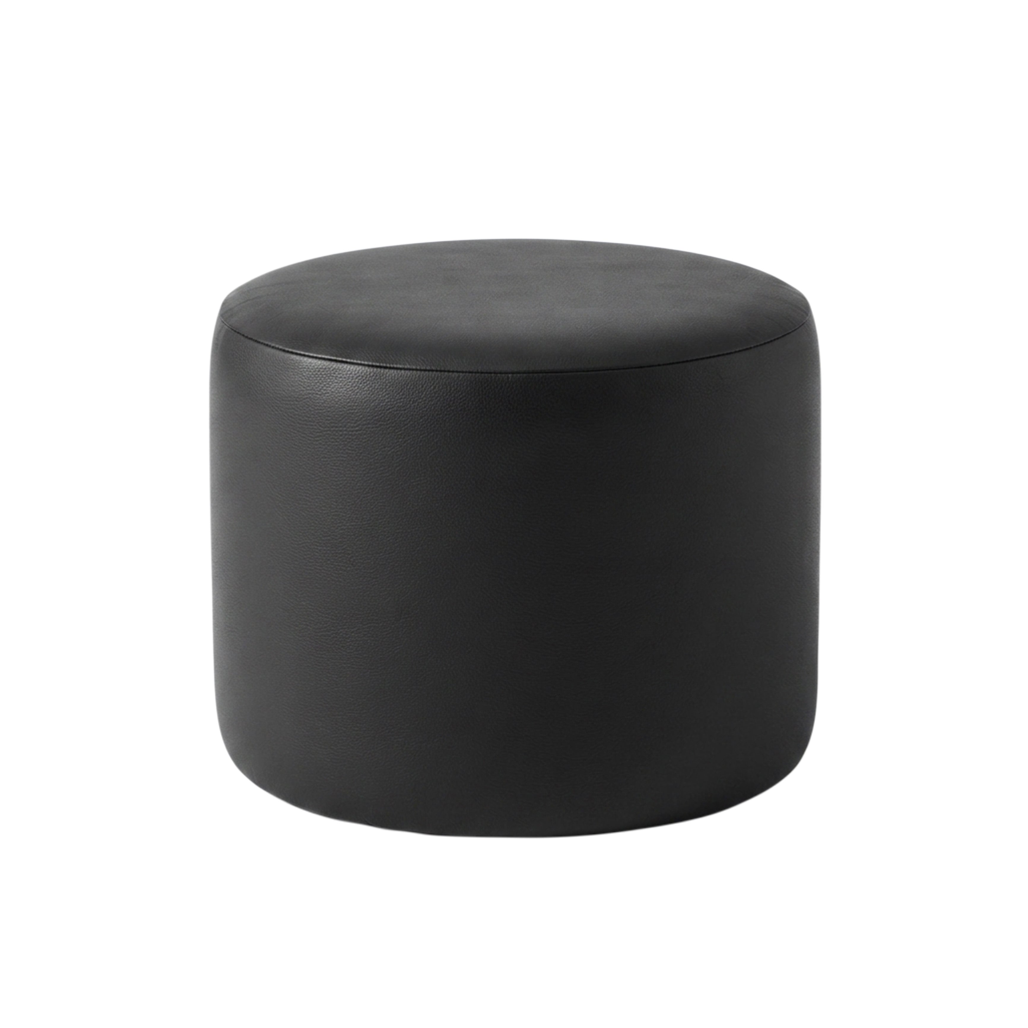 Round black Italian leather pouf against a white background