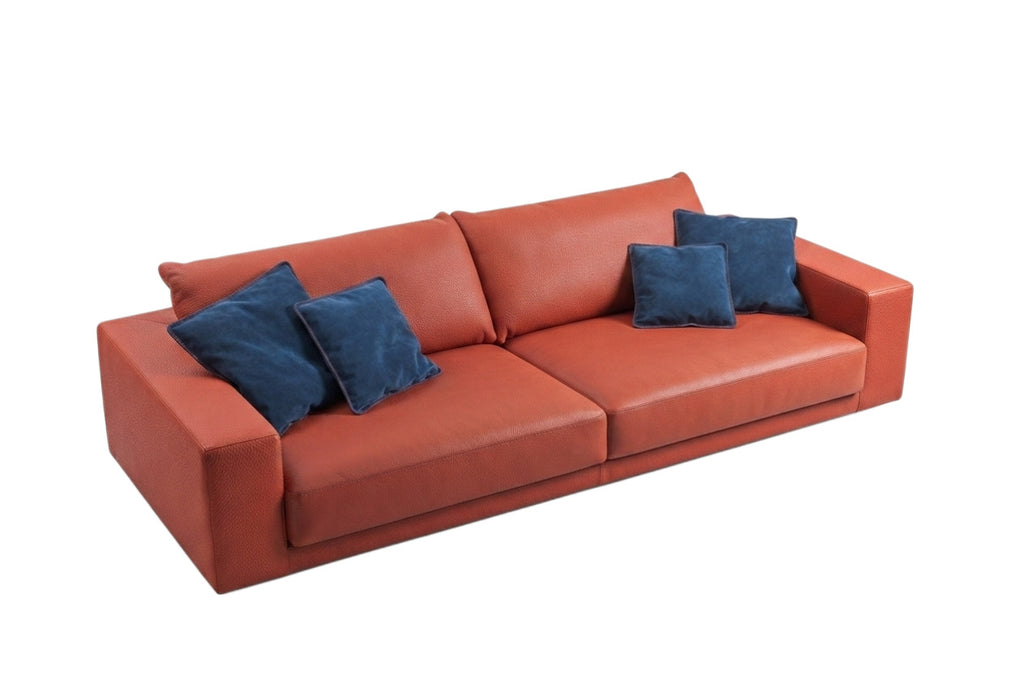 Low-profile Italian leather sofa in Orange calf leather with nubuck throw cushions - luxury Italian leather furniture, made in Italy