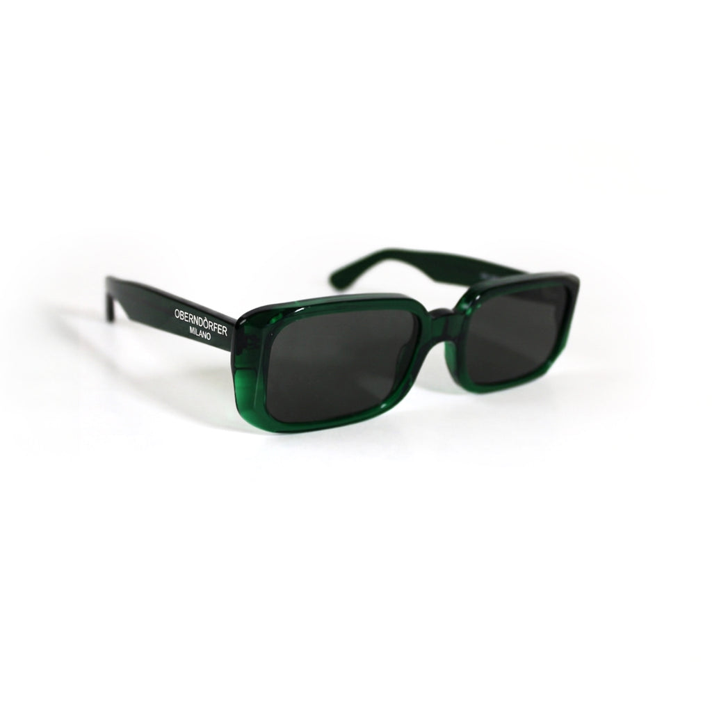 Oberndorfer Milano handmade transparent green acetate rectangle sunglasses with solid dark German Zeiss lenses.