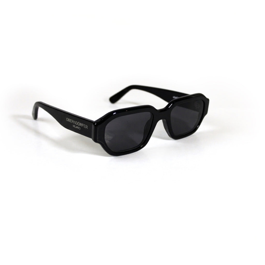 Oberndorfer Milano handmade black acetate geometric sunglasses made in Italy with solid dark German Zeiss lenses.