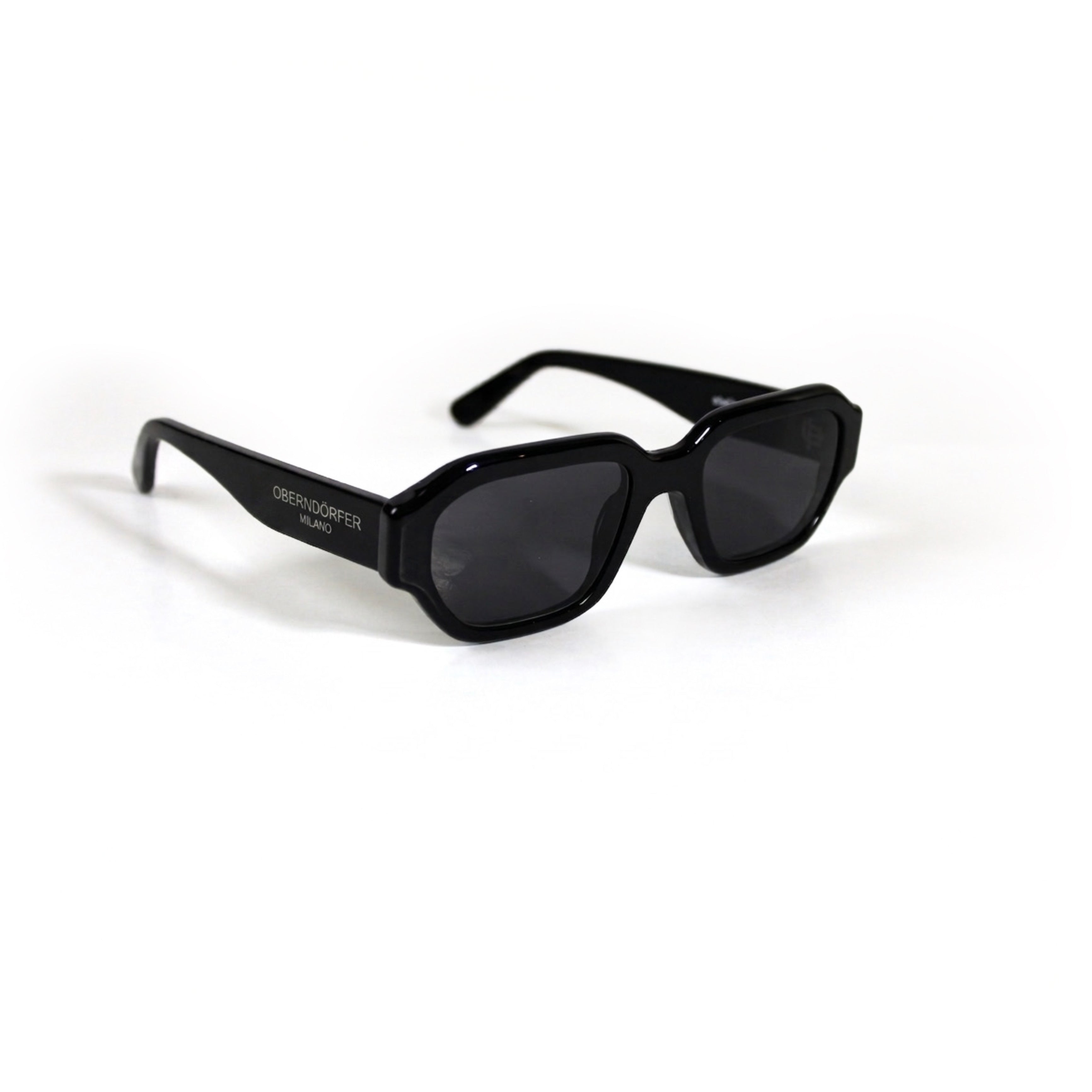 Oberndorfer Milano handmade black acetate geometric sunglasses made in Italy with solid dark German Zeiss lenses.