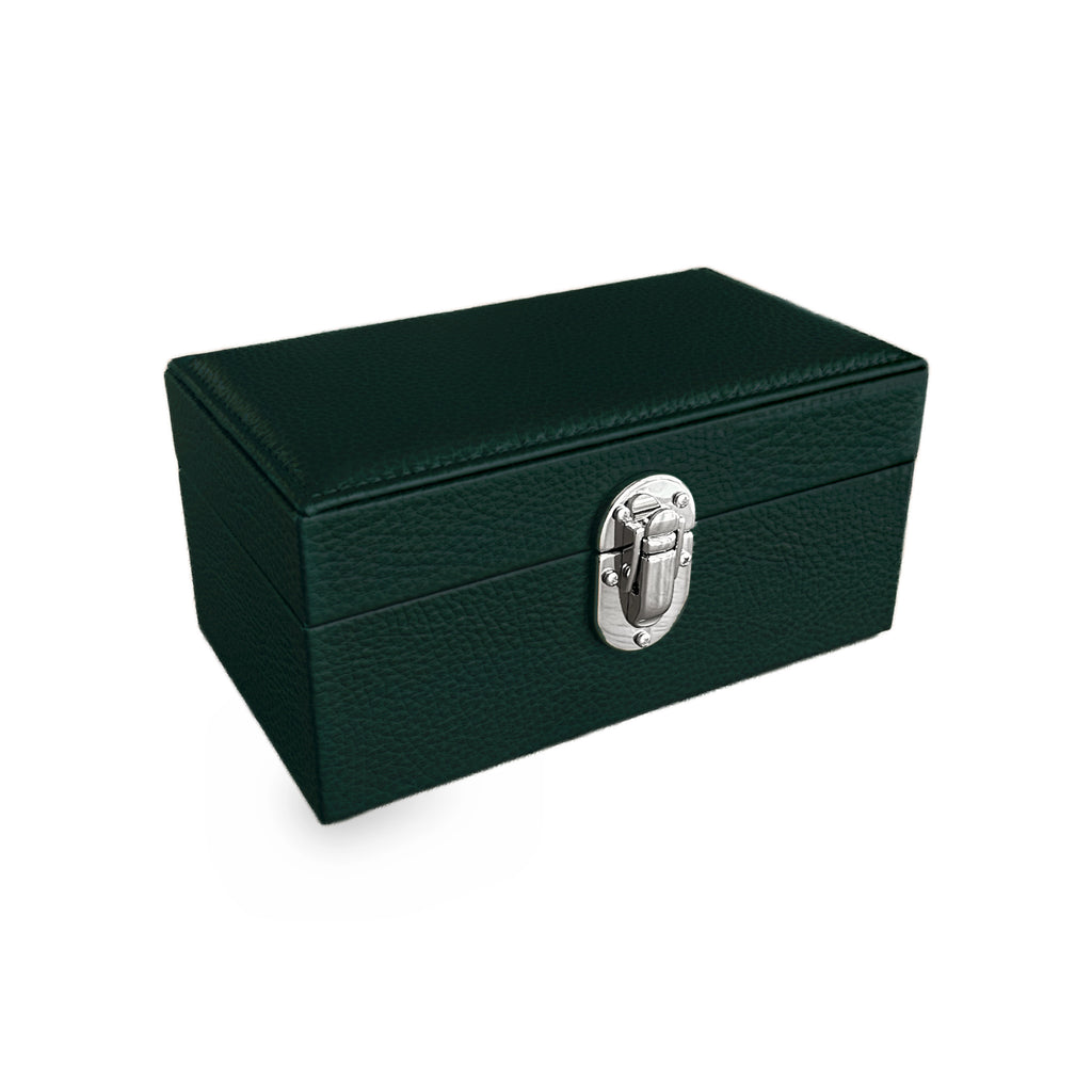 3-Place Watch Box in dark green grained leather, closed, three-quarter view
