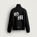 Half-Zip OM in black, back, O and M in white blackletter