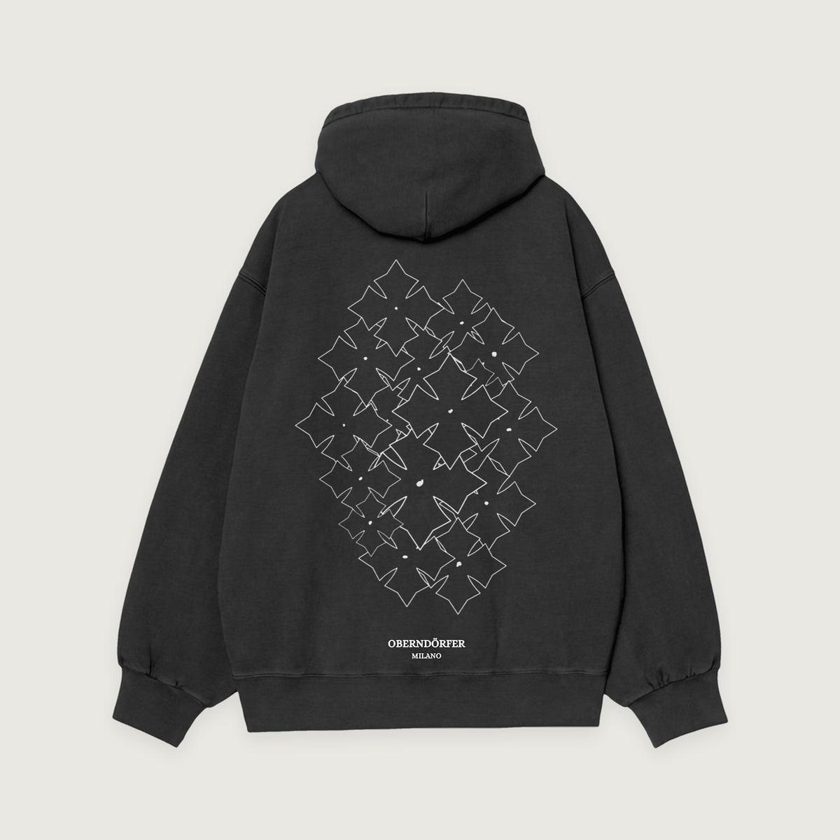 Hoodie with Logo in black, back, star repeated in white outline across a diamond field