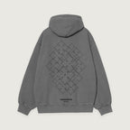 Hoodie with Logo in grey, back, star repeated in outline across a diamond field