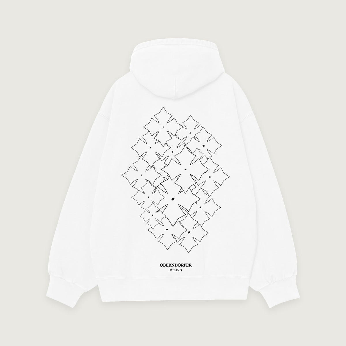 Hoodie with Logo in white, back, star repeated in black outline across a diamond field