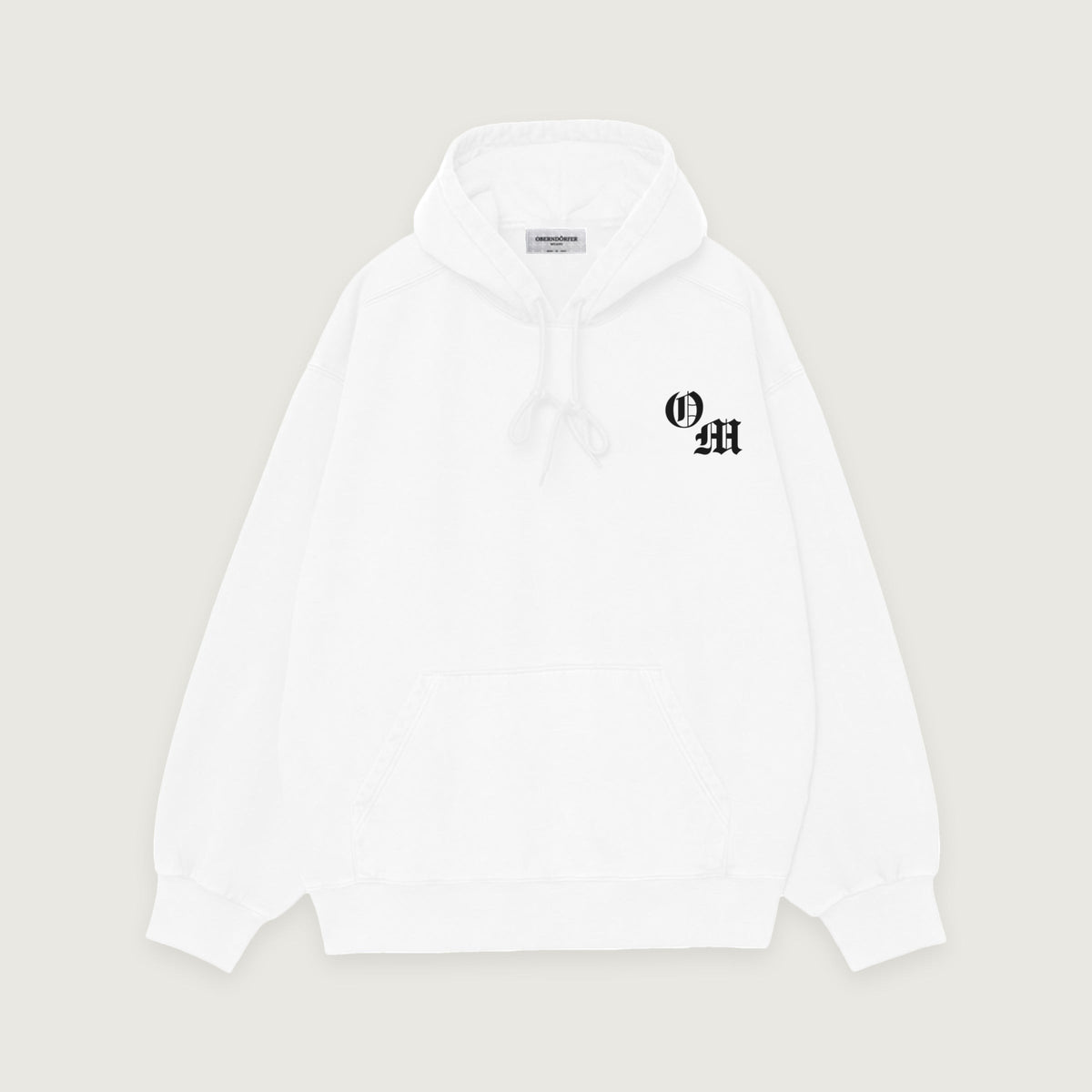 Hoodie with Logo in white, front, OM monogram at the chest