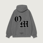 Hoodie OM in grey, back, interlocking O and M in blackletter