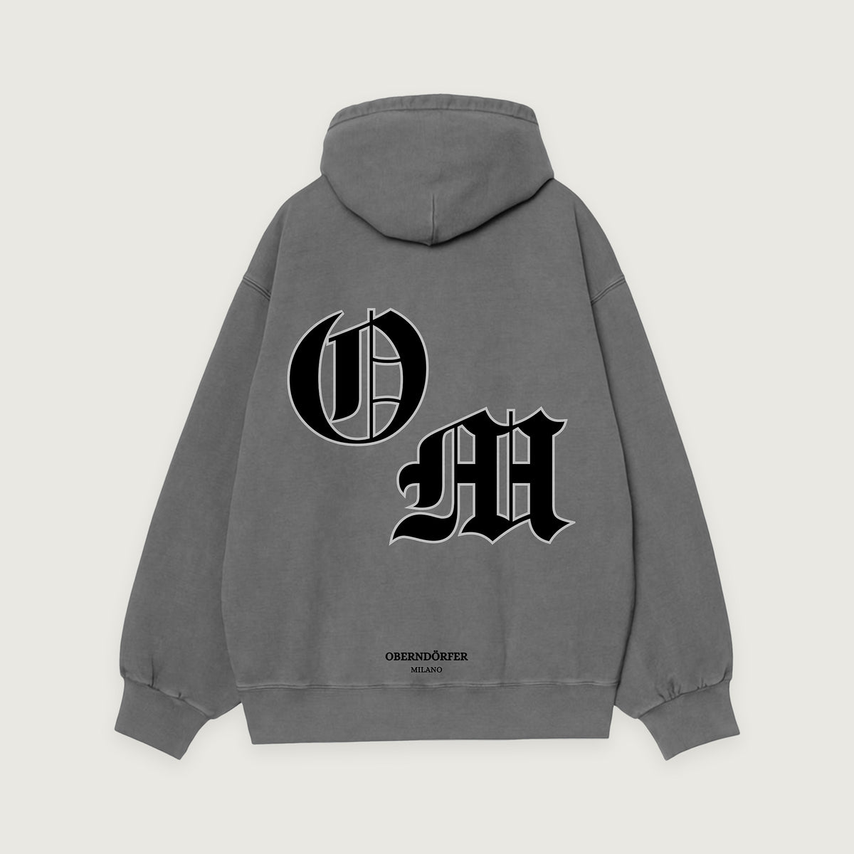 Hoodie OM in grey, back, interlocking O and M in blackletter