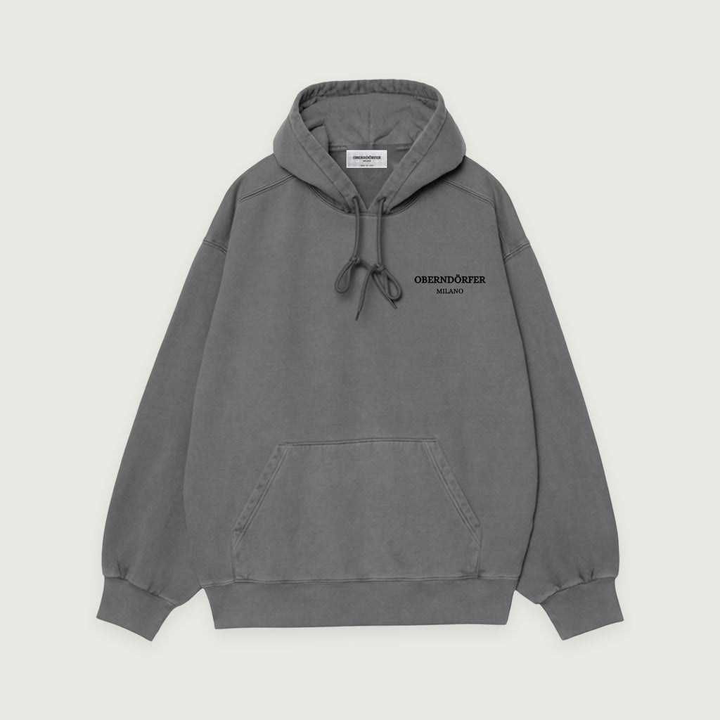 Hoodie OM in grey, front, small lockup at the chest