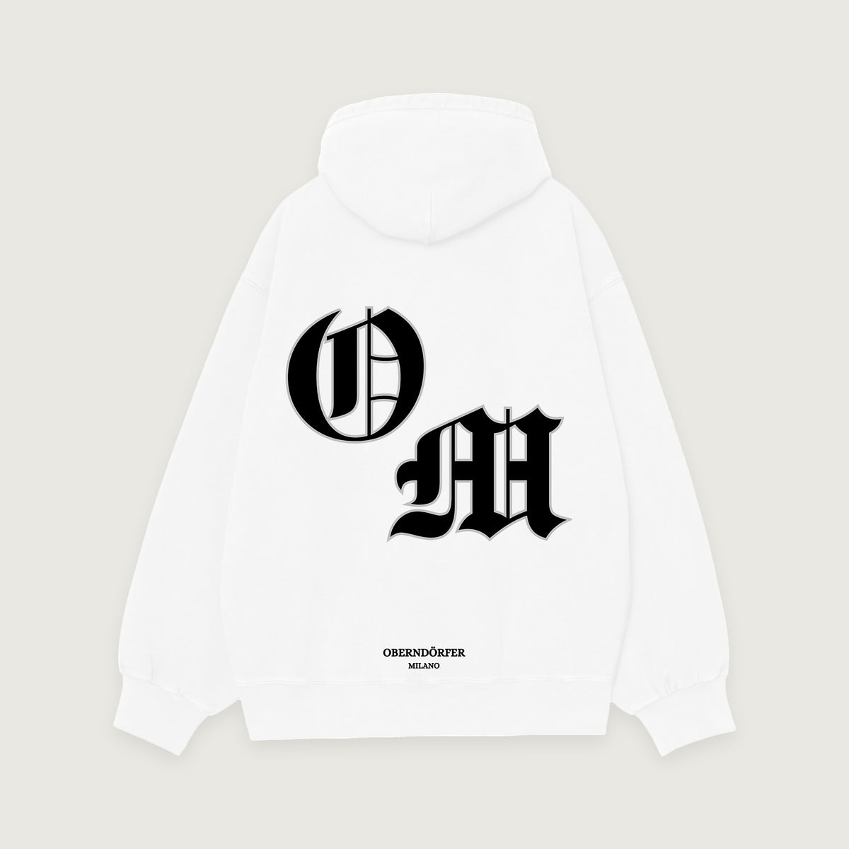 Hoodie OM in white, back, interlocking O and M in black blackletter