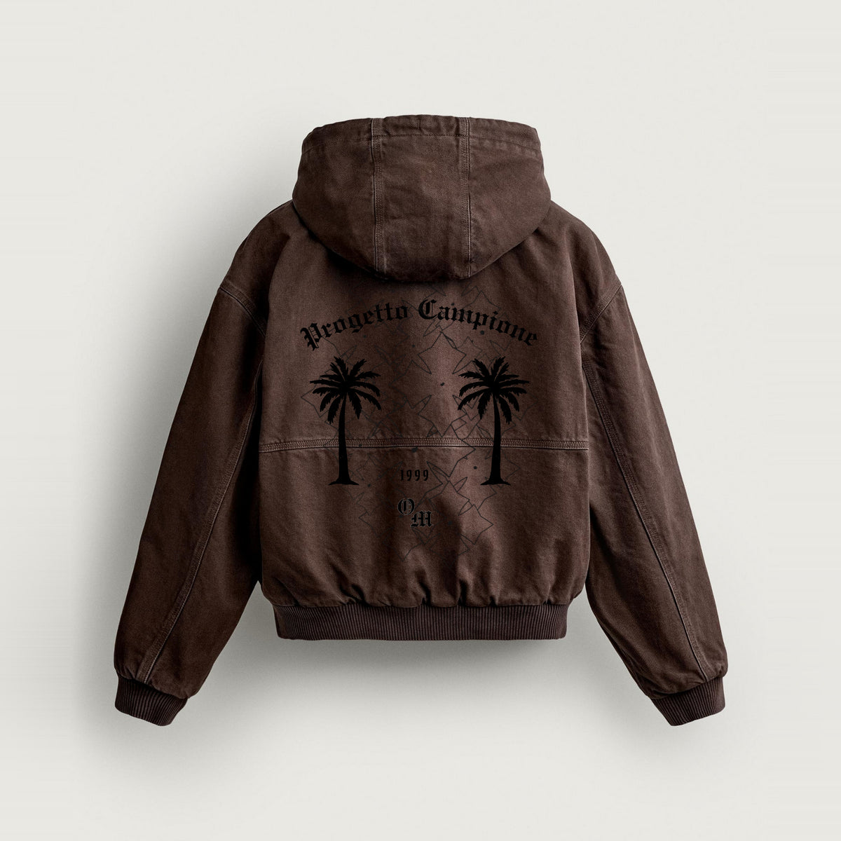 Jacket Progetto Campione in brown, back, Progetto Campione print with palms in black