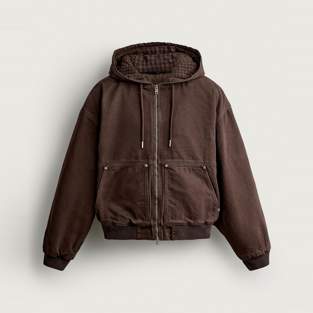 Jacket Progetto Campione in brown, front, zipped, hood with checked lining