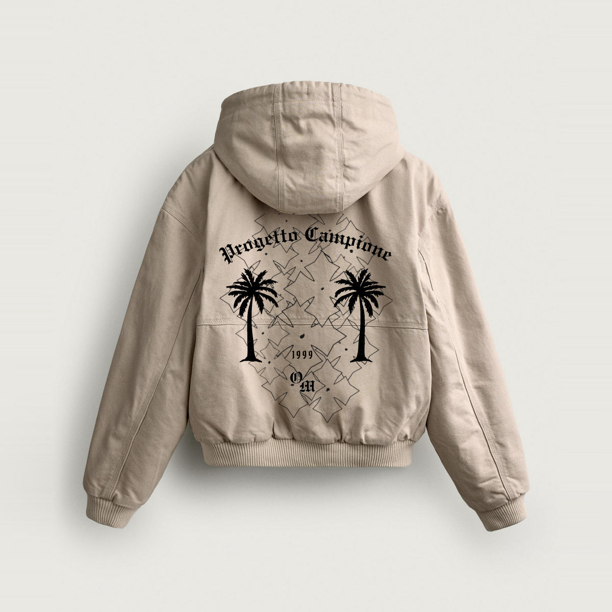 Jacket Progetto Campione in ecru, back, Progetto Campione print with palms in black