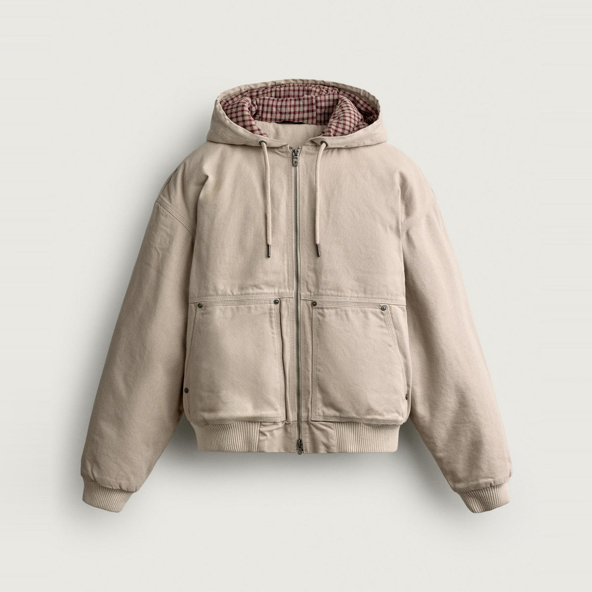 Jacket Progetto Campione in ecru, front, zipped, hood with checked lining