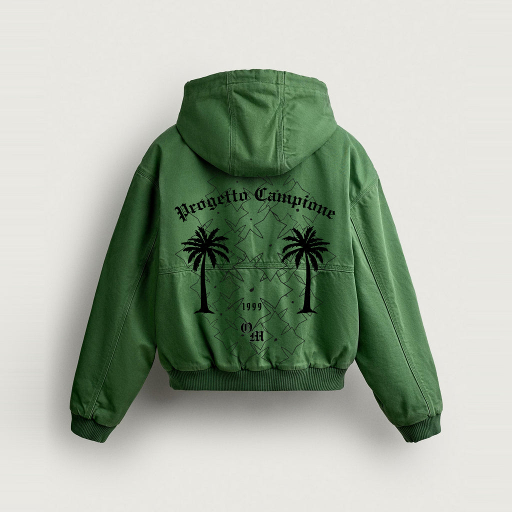 Jacket Progetto Campione in green, back, Progetto Campione print with palms in black