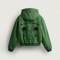 Jacket Progetto Campione in green, back, Progetto Campione print with palms in black