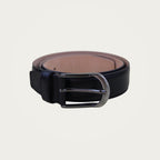 Black full-grain leather belt with a round buckle