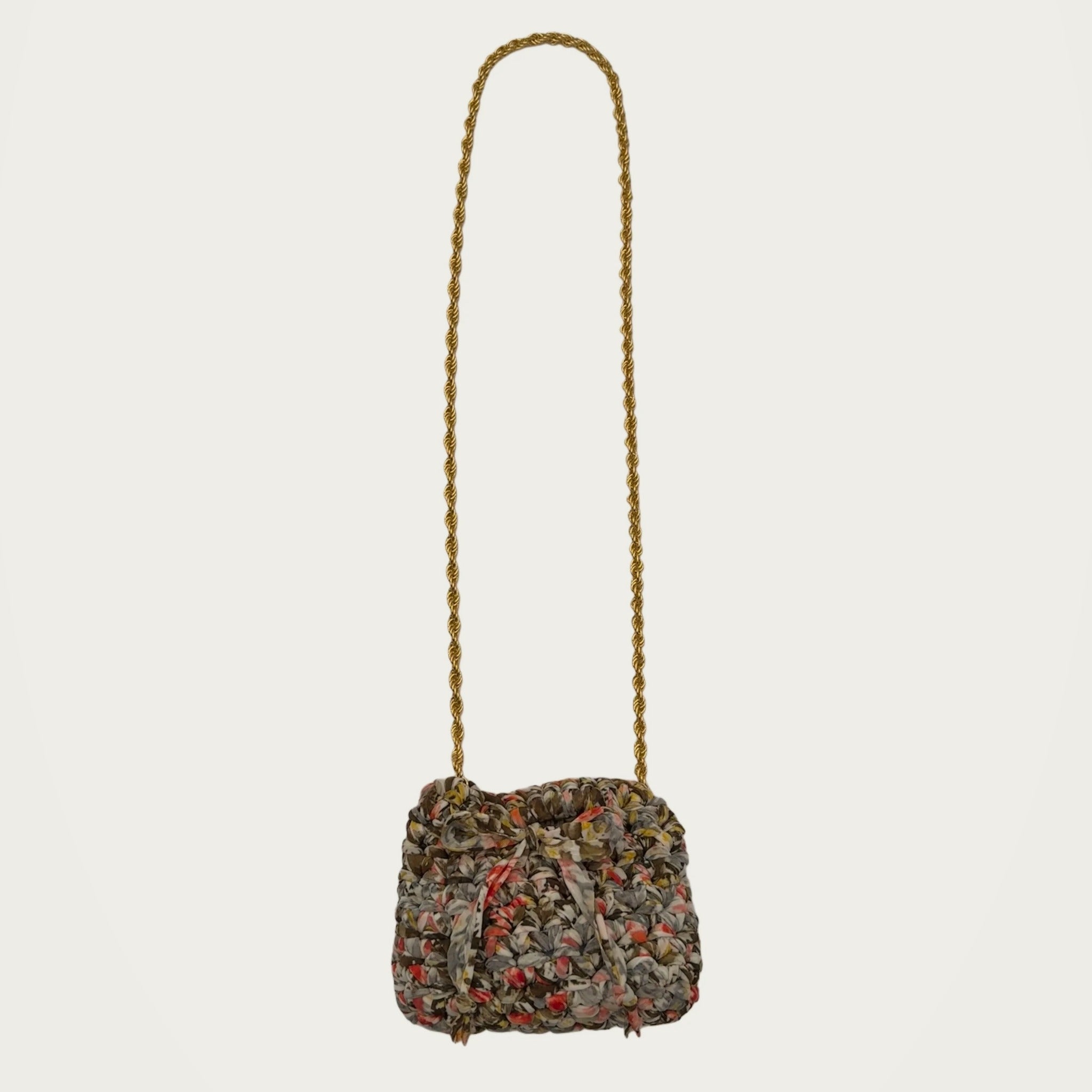Mini Crochet Handbag - Multicolor Print on an ivory studio ground