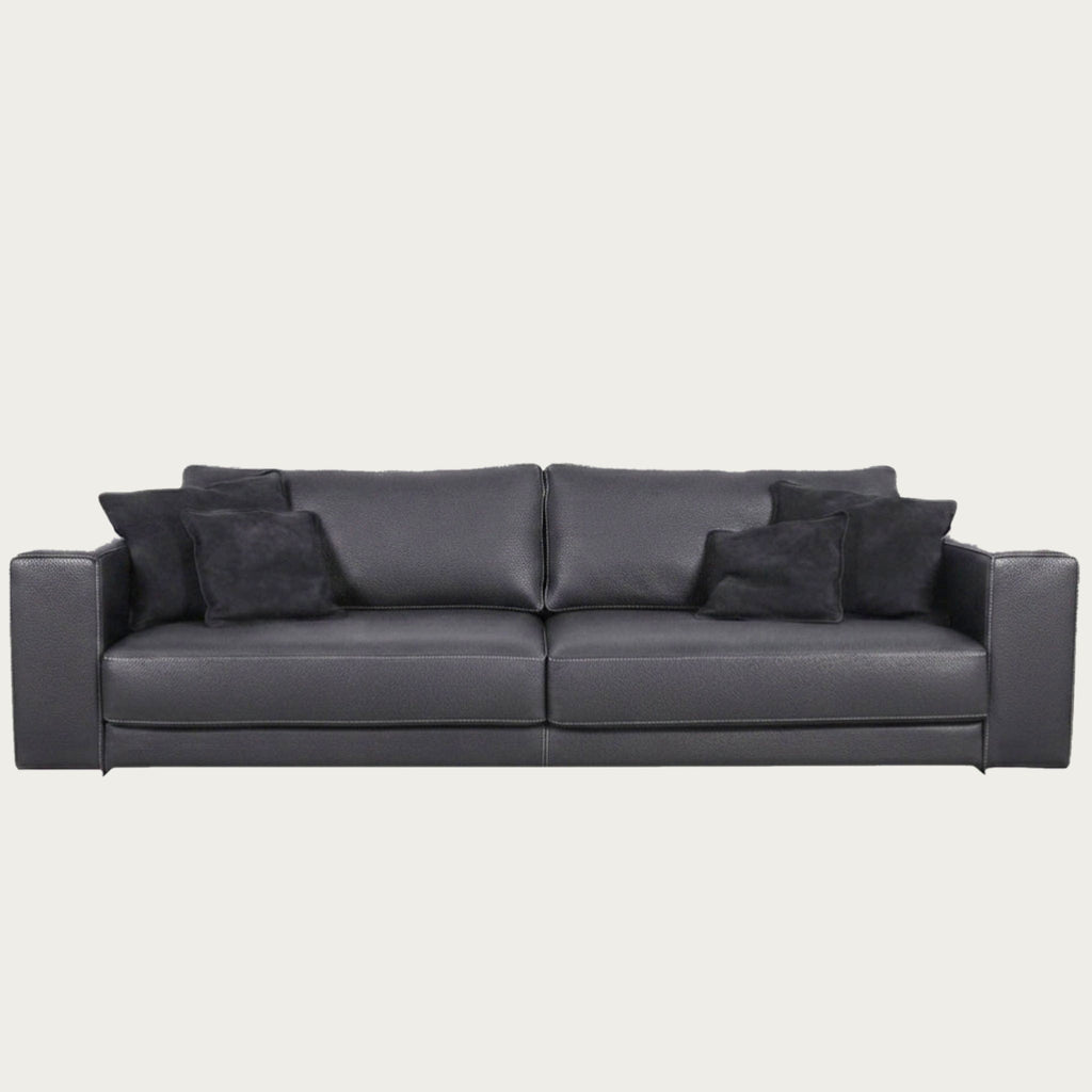Leather sofa in black full-grain calf with nubuck cushions, made in Italy