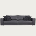 Leather sofa in black full-grain calf with nubuck cushions, made in Italy