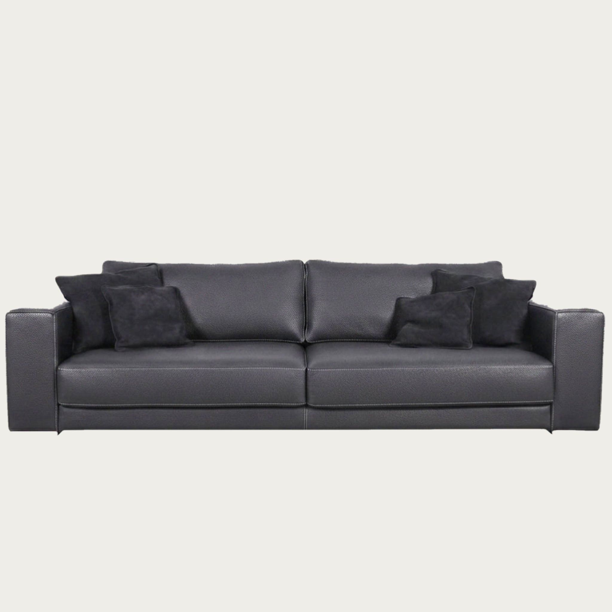 Leather sofa in black full-grain calf with nubuck cushions, made in Italy