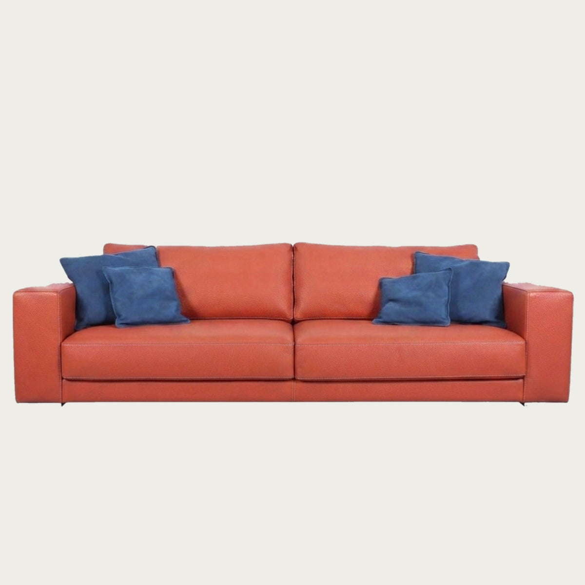 Leather sofa in orange full-grain calf with nubuck cushions, made in Italy