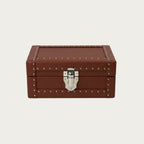 3-place cognac leather watch box with Alcantara lining and studded corners