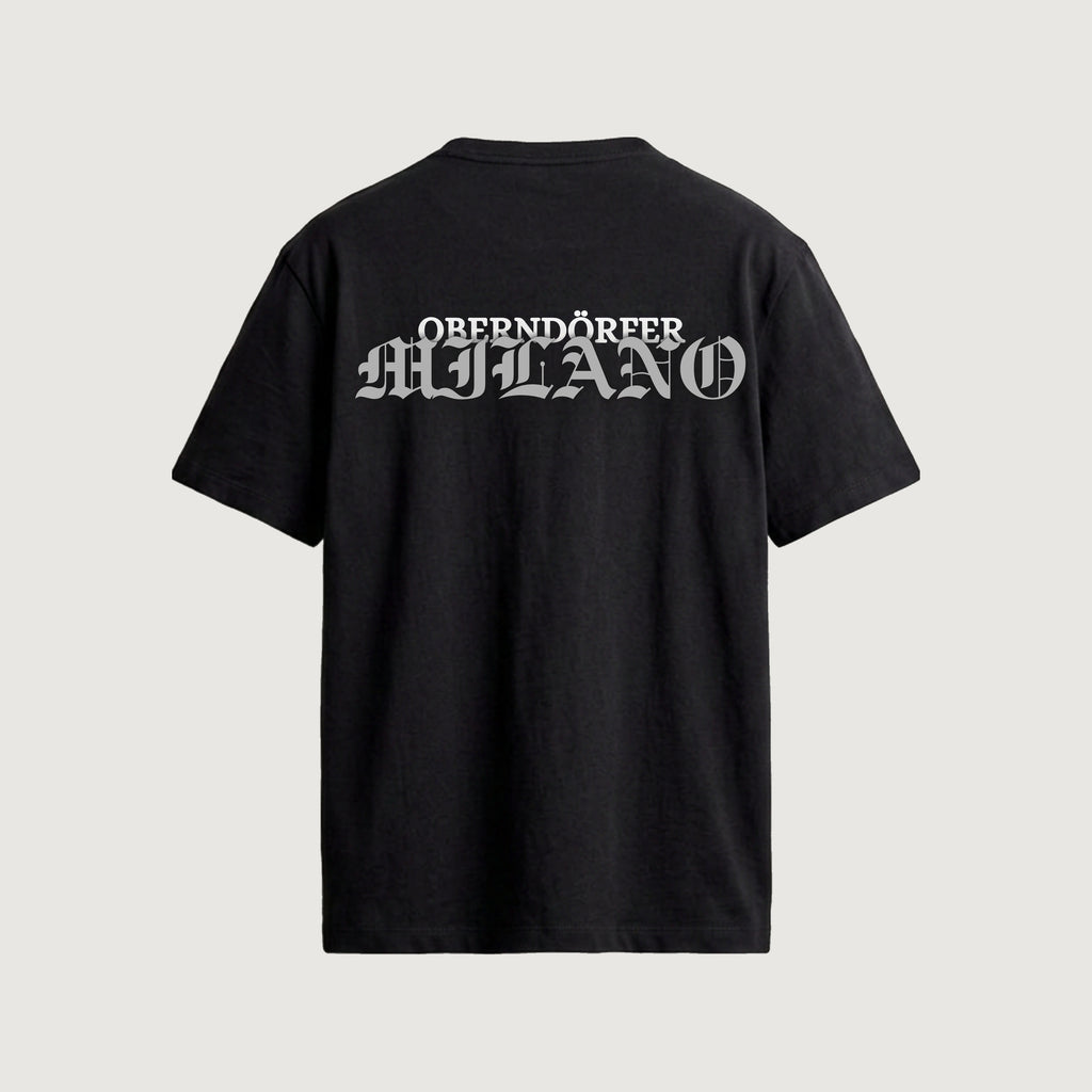 The Chrome T-Shirt in black, back, OBERNDÖRFER MILANO in bevelled chrome blackletter