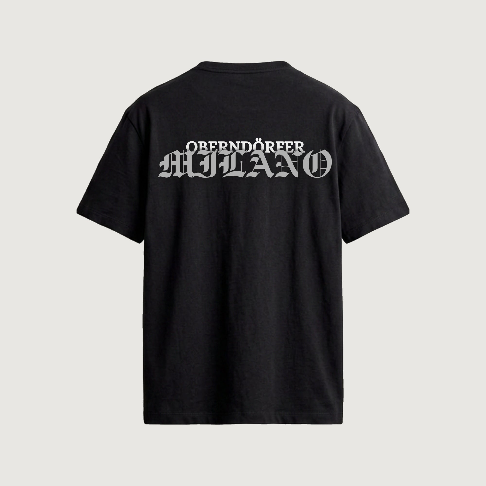 The Chrome T-Shirt in black, back, OBERNDÖRFER MILANO in bevelled chrome blackletter