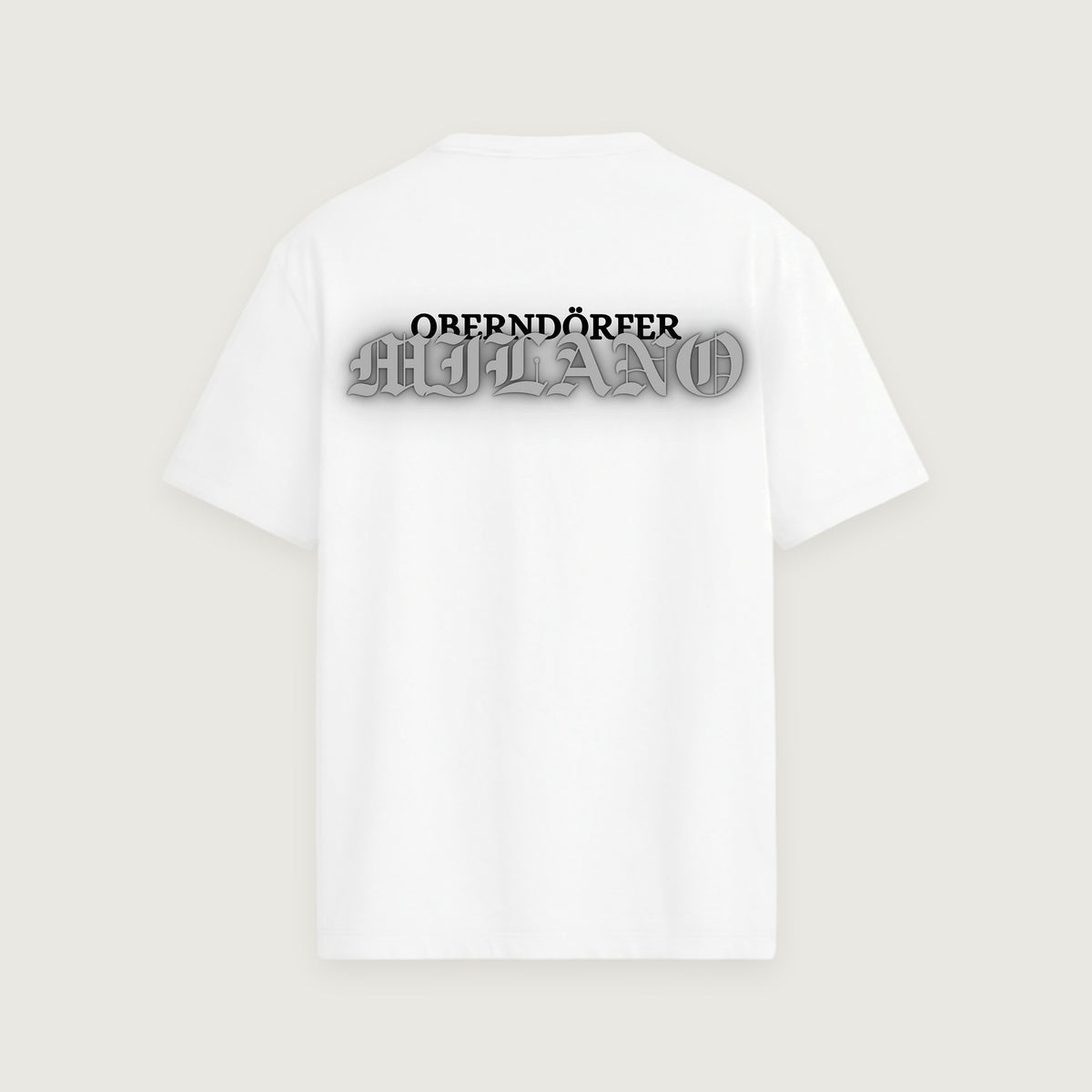 T-Shirt OBERNDÖRFER MILANO in white, back, chrome blackletter across the shoulders
