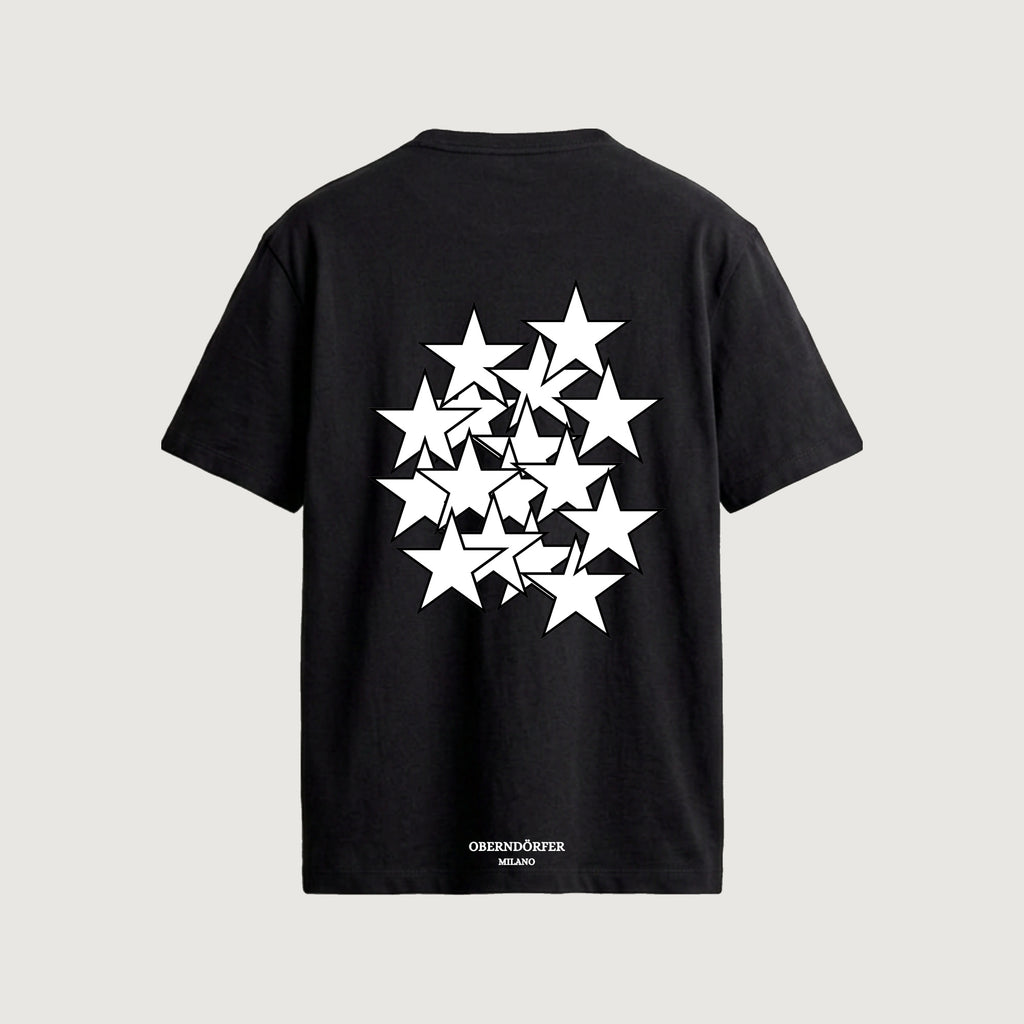 The Constellation T-Shirt in black, back, cluster of overlapping white stars