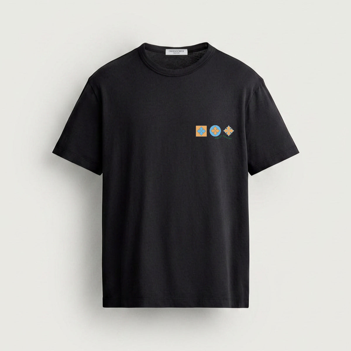 T-Shirt with Logo Ochre in black, front, three emblems at the chest