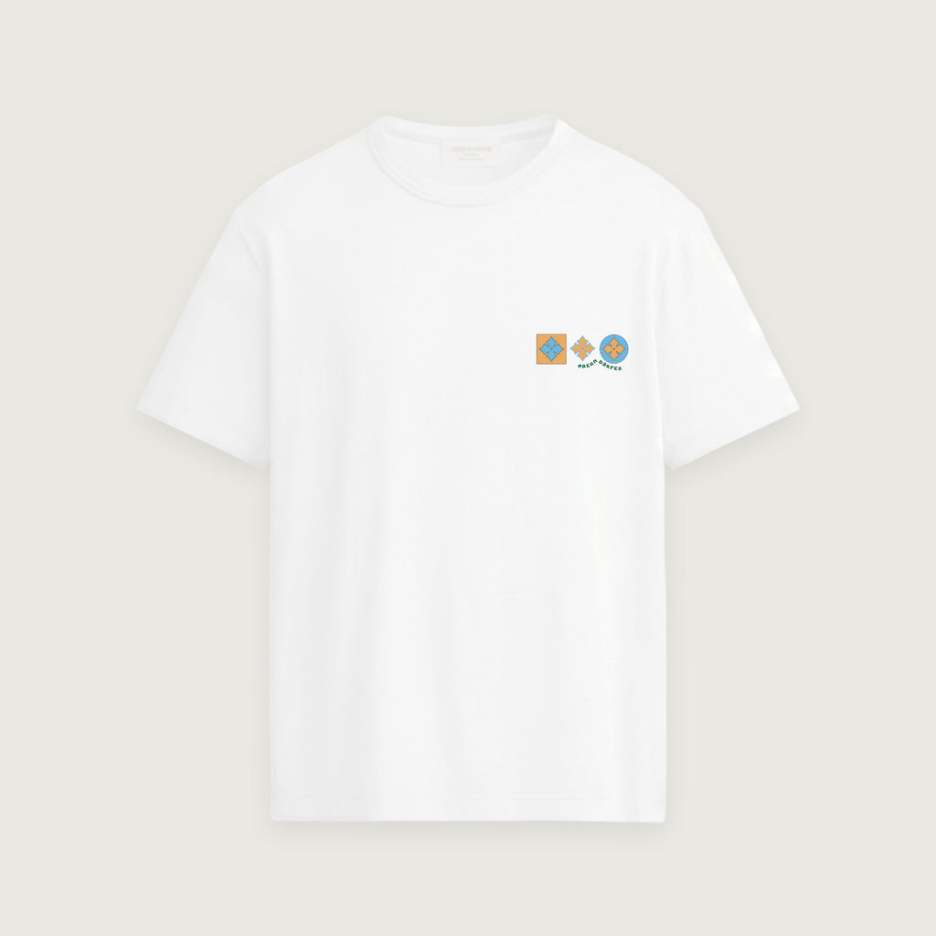 T-Shirt Emblem Ochre in white, front, three emblems at the chest