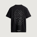 The Lattice T-Shirt in black, back, star repeated in white outline across a diamond field