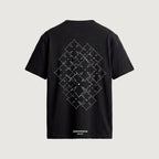 The Lattice T-Shirt in black, back, star repeated in white outline across a diamond field
