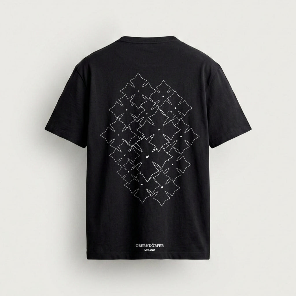 T-Shirt with Logo in black, back, star repeated in white outline across a diamond field