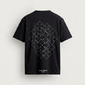 T-Shirt with Logo in black, back, star repeated in white outline across a diamond field