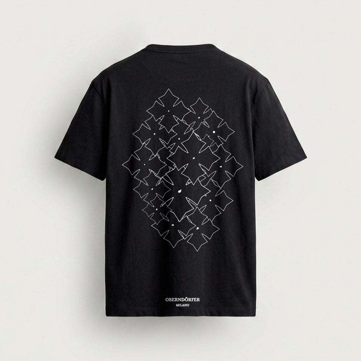 T-Shirt with Logo in black, back, star repeated in white outline across a diamond field