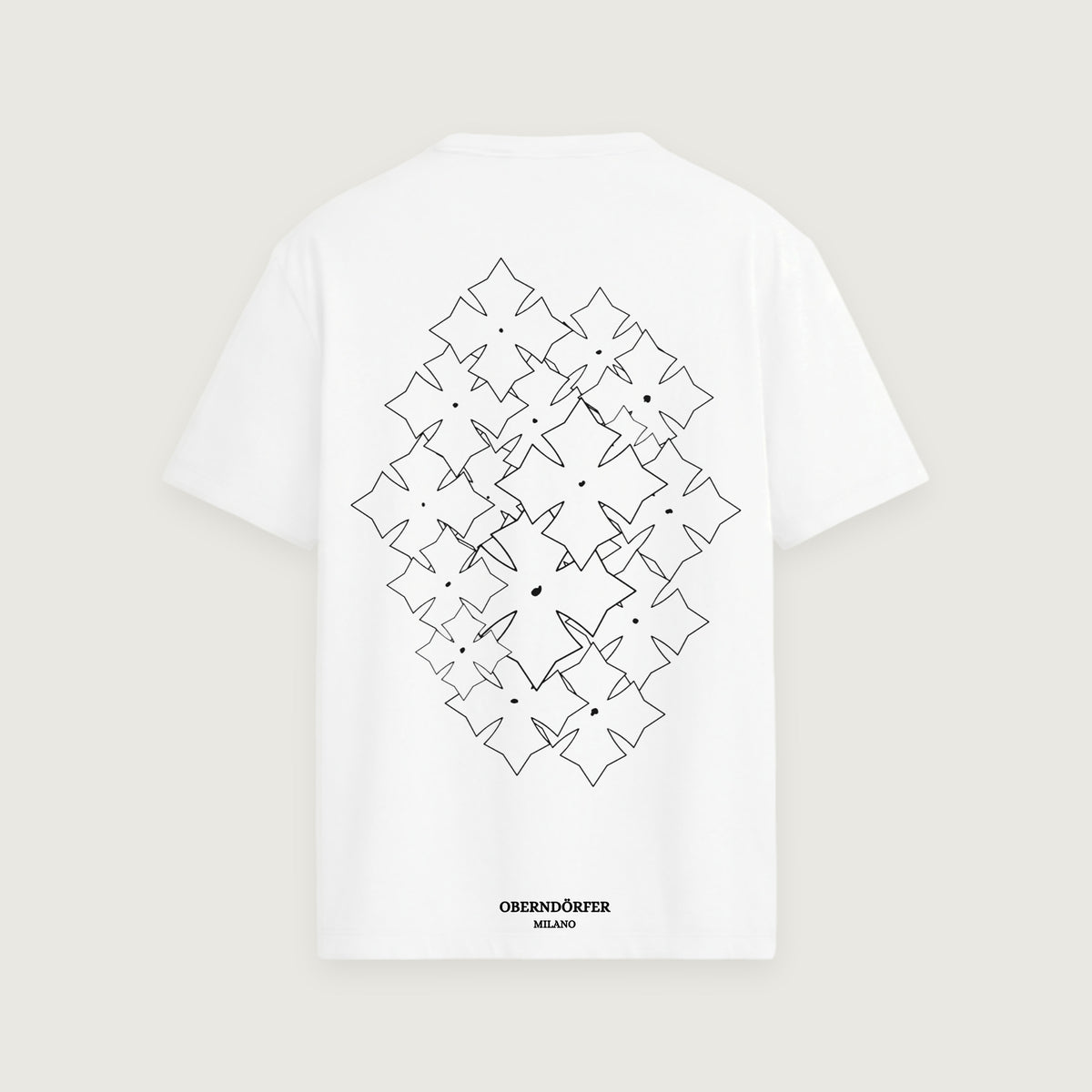 T-Shirt with Logo in white, back, star repeated in black outline across a diamond field