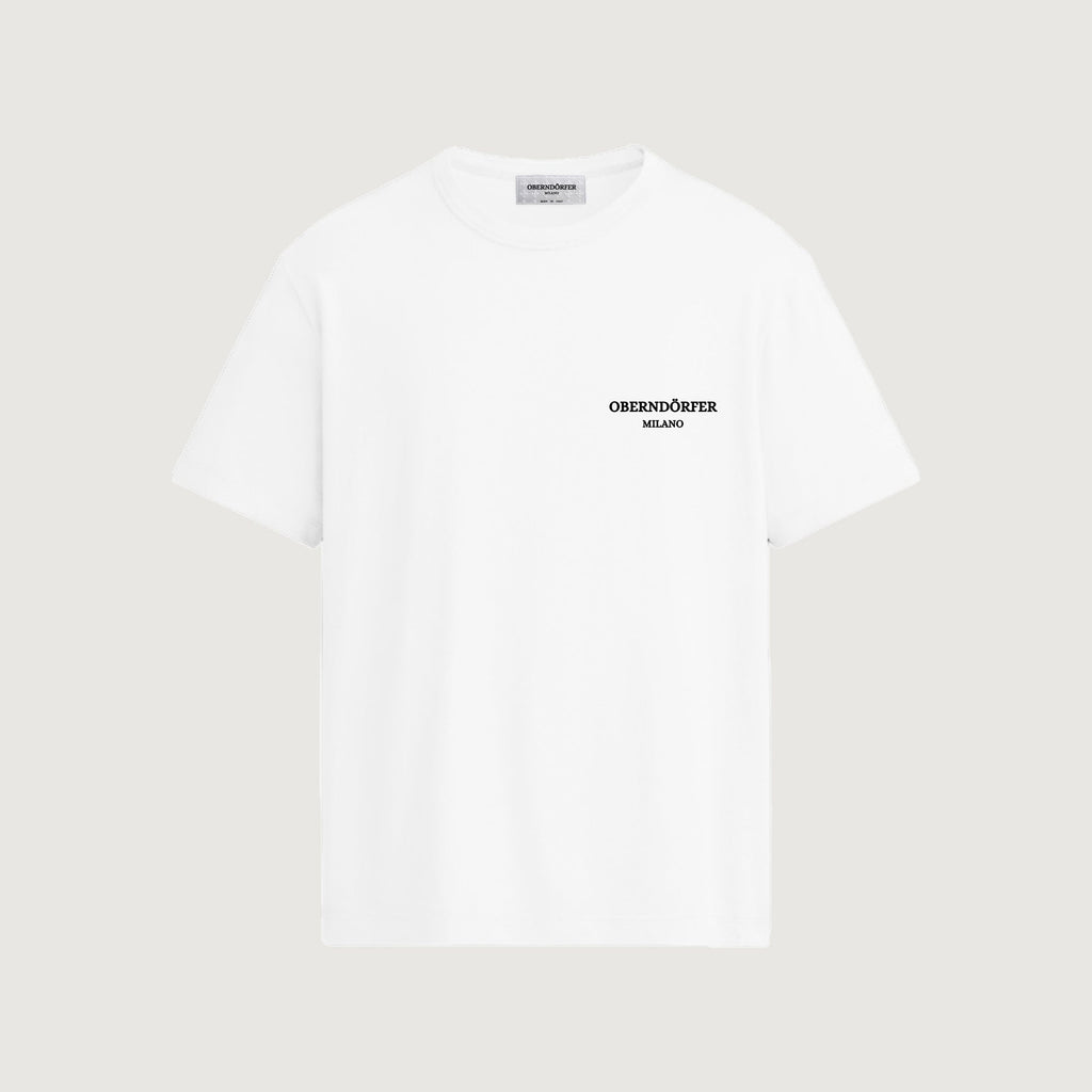 The Lattice T-Shirt in white, front, small lockup at the chest
