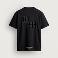 T-Shirt OM in black, back, interlocking O and M in blackletter