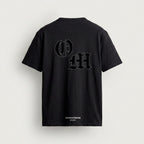 T-Shirt OM in black, back, interlocking O and M in blackletter