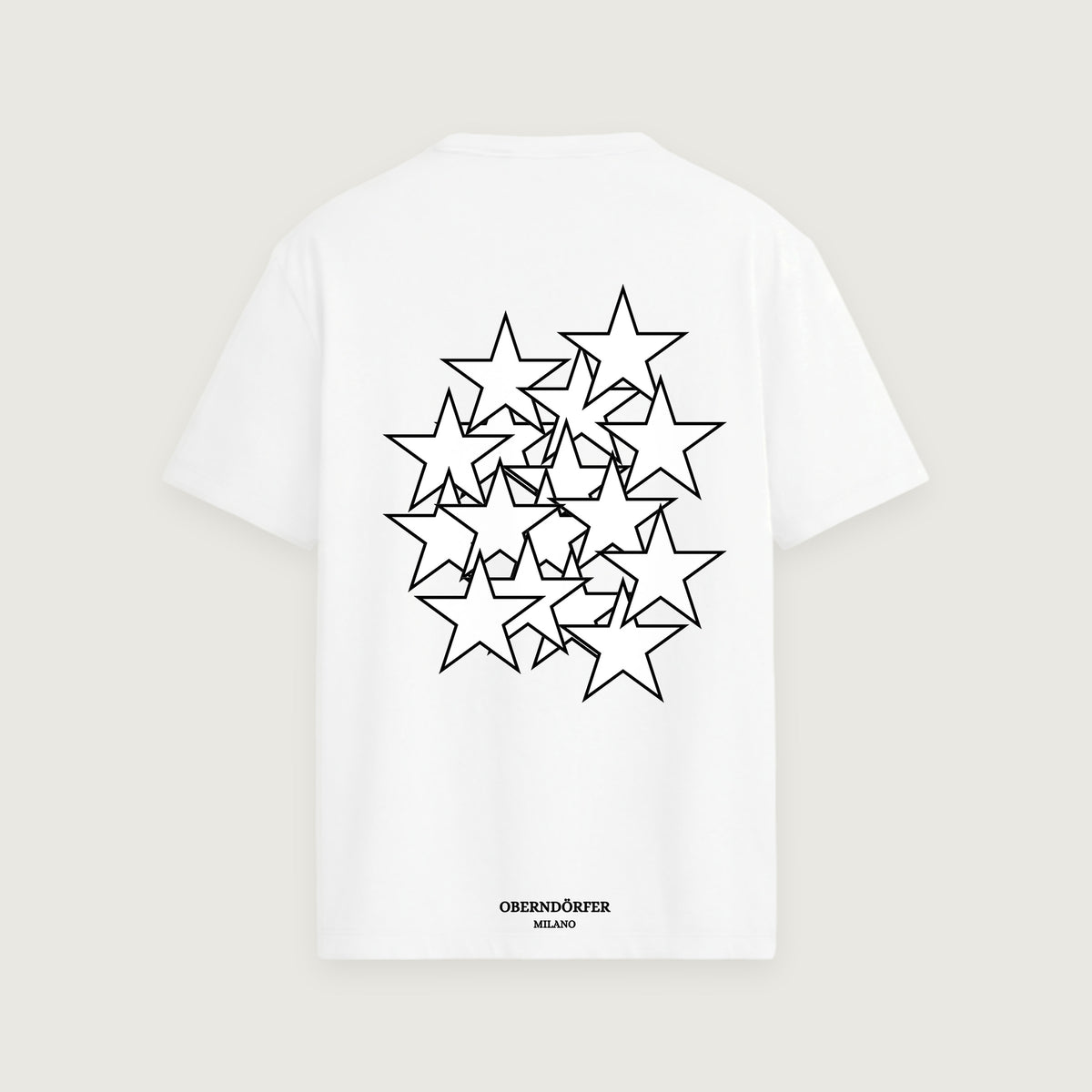 T-Shirt Star patch in white, back, cluster of overlapping stars in black outline