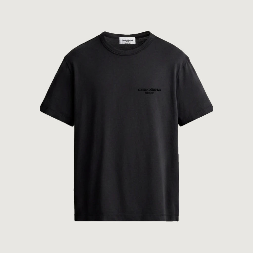 The Tonal Wordmark T-Shirt in black, front, Oberndörfer Milano embroidered at the chest in matching black thread