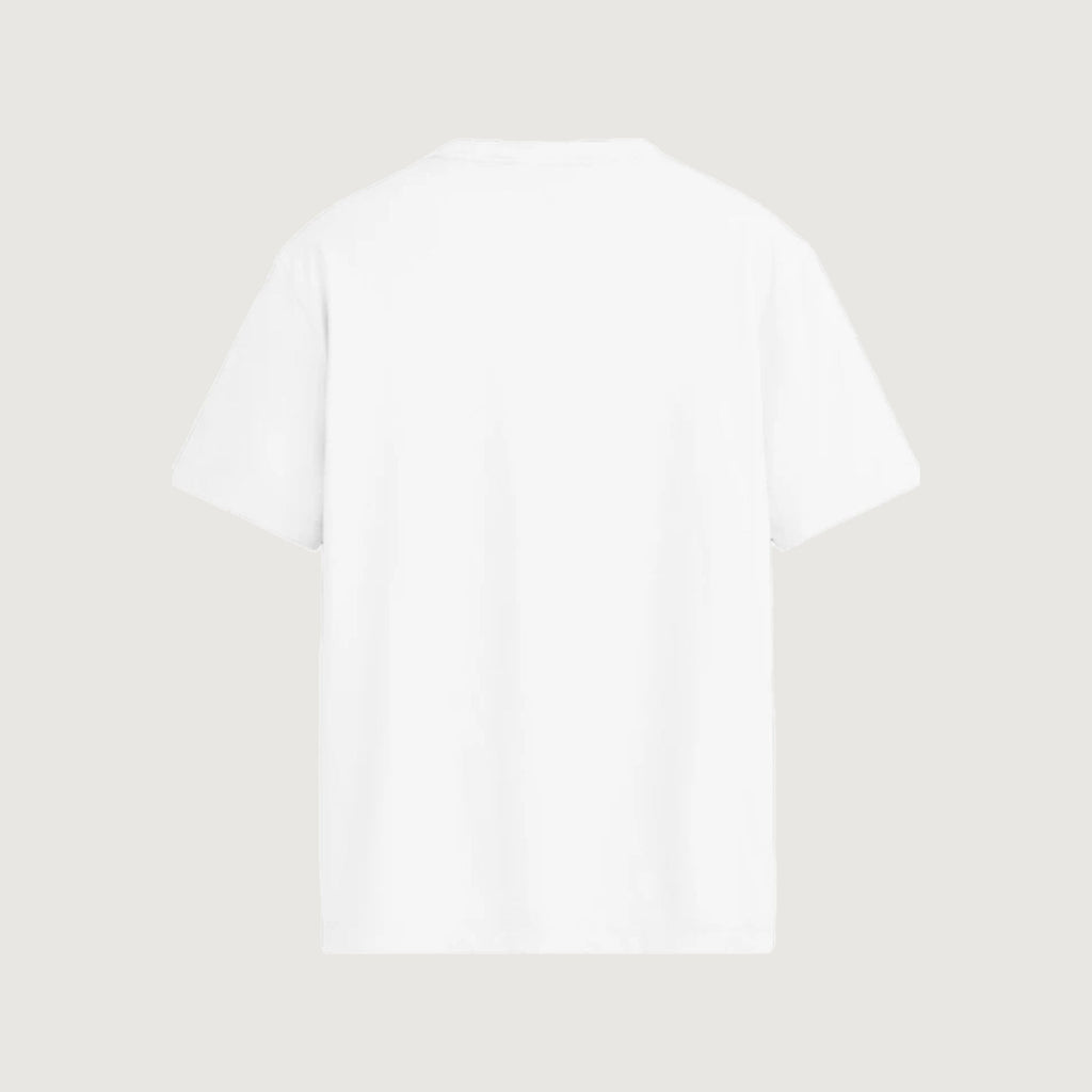 The Embroidered T-Shirt in white, back, left plain